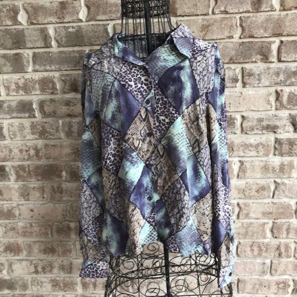 Color Fx Tops - Color Fx 100% Silk Blouse Animal Print Patchwork